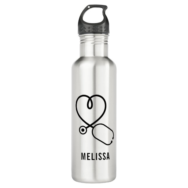 Cute Love Heart Stethoscope Personalised Name 710 Ml Water Bottle (Front)