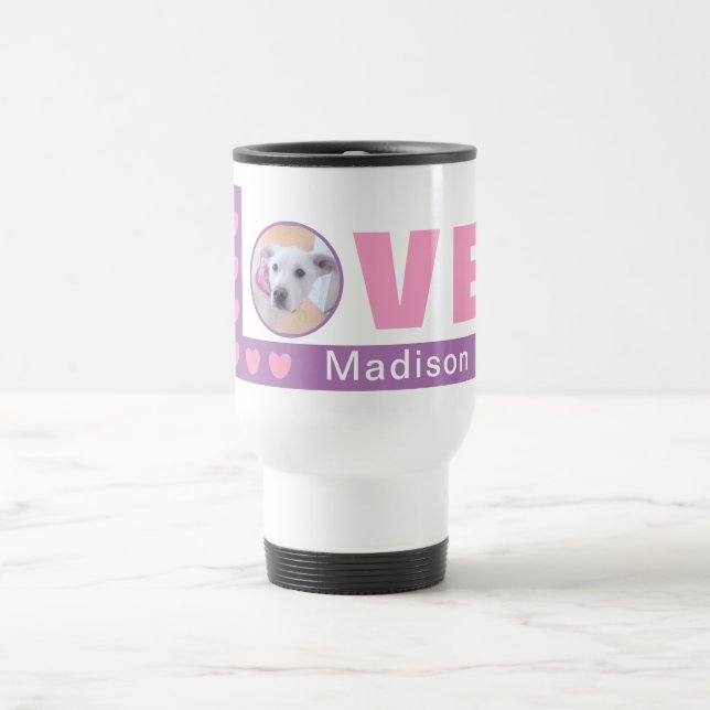 Cute Love Hearts Dog Photo Valentines Day Pink Travel Mug (Center)