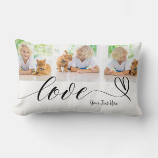 Cute Love in Black Heart Script Custom 3 Photo Lumbar Cushion