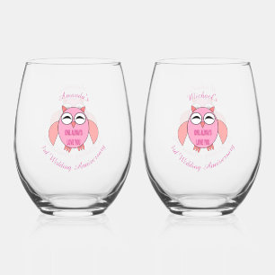 Cute Love Message Owl Custom 3rd Anniversary Stemless Wine Glass