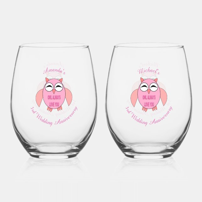 Cute Love Message Owl Custom 3rd Anniversary Stemless Wine Glass (Front)