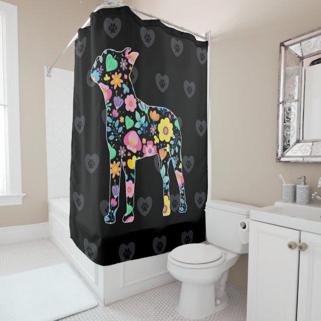 Cute Love My Boston Terrier floral design Shower Curtain (In Situ)