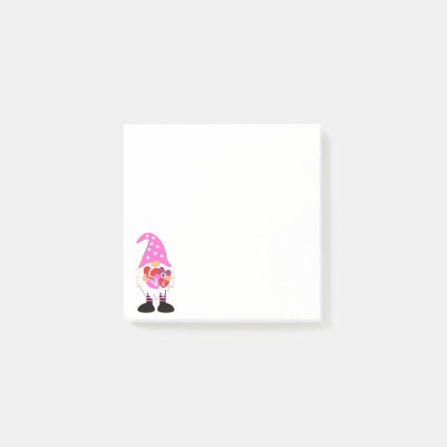 Cute LOVE Pink Heart Valentine Gnome Post-it Notes (Front)