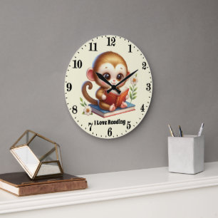 Cute love reading monkey add text large clock