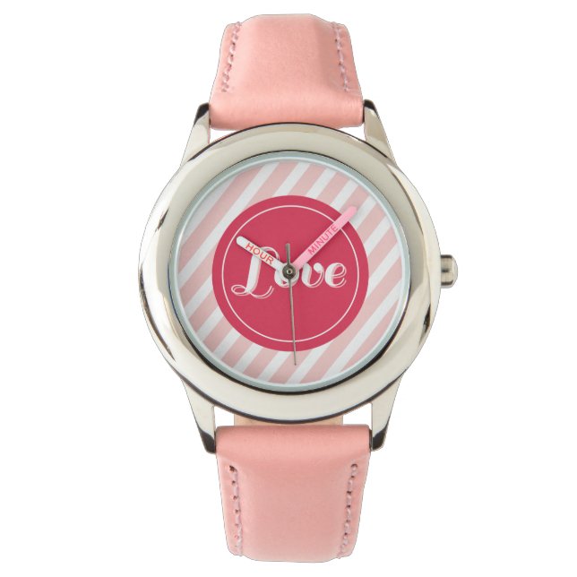 Cute Love Red Circle Pink Stripes Girly Valentine Watch (Front)
