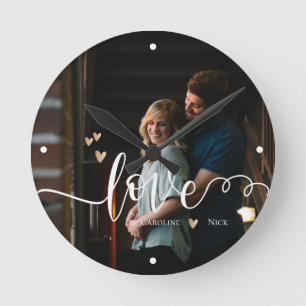 Cute LOVE Script Name Heart Photo Round Clock