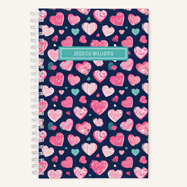 Cute Love Sweet Heart Pattern Navy Blue Pink Notebook (Front)