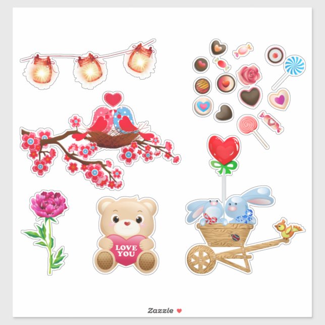 Cute love theme animal, heart, candy, pink red (Sheet)