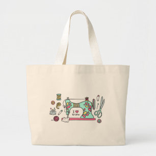 Cute Love to Sew Sewing Illustration Large Tote Bag