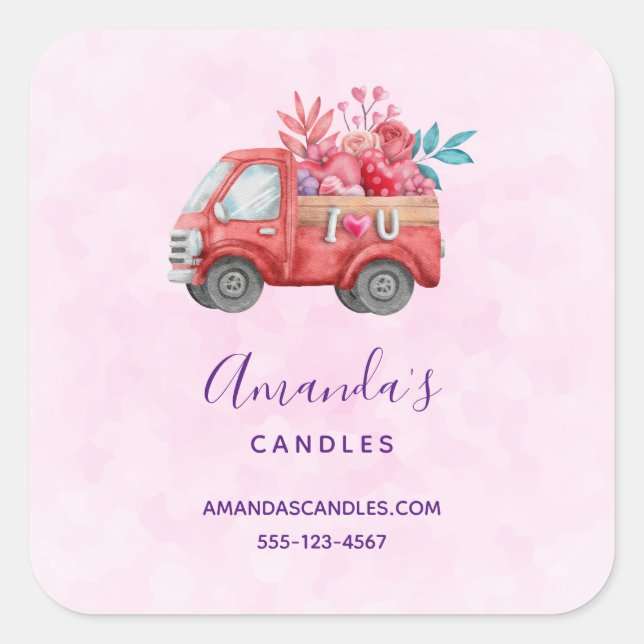 Cute Love Truck Carrying Hearts & Flowers Business Square Sticker (Front)