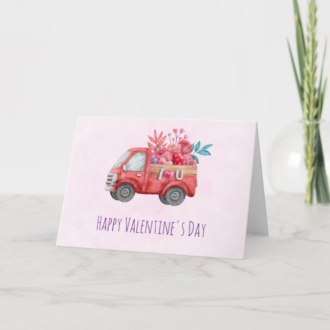 Cute Love Truck Carrying Hearts & Flowers Card (Front)