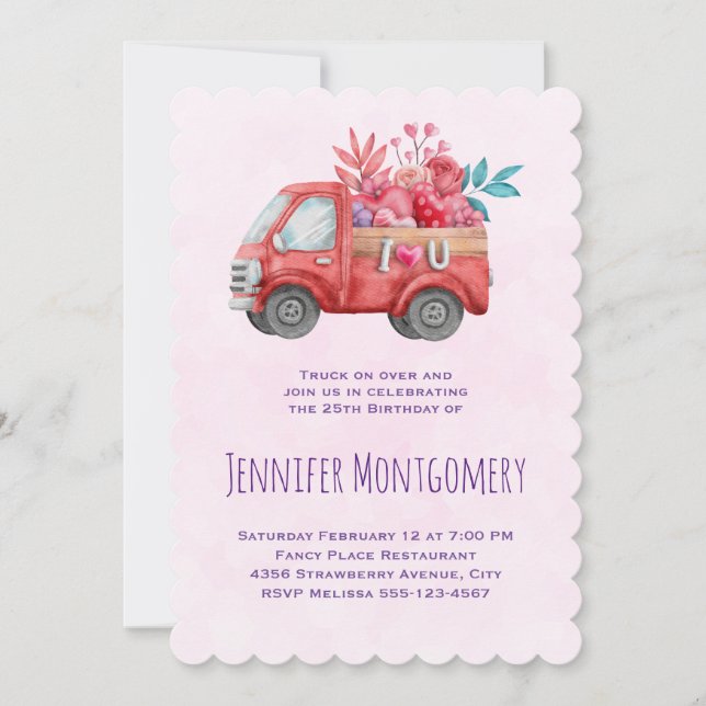 Cute Love Truck Carrying Hearts & Flowers Invitation (Front)