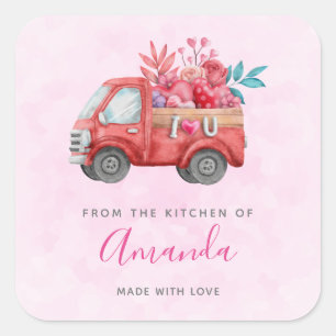 Cute Love Truck Carrying Hearts & Flowers Kitchen Square Sticker