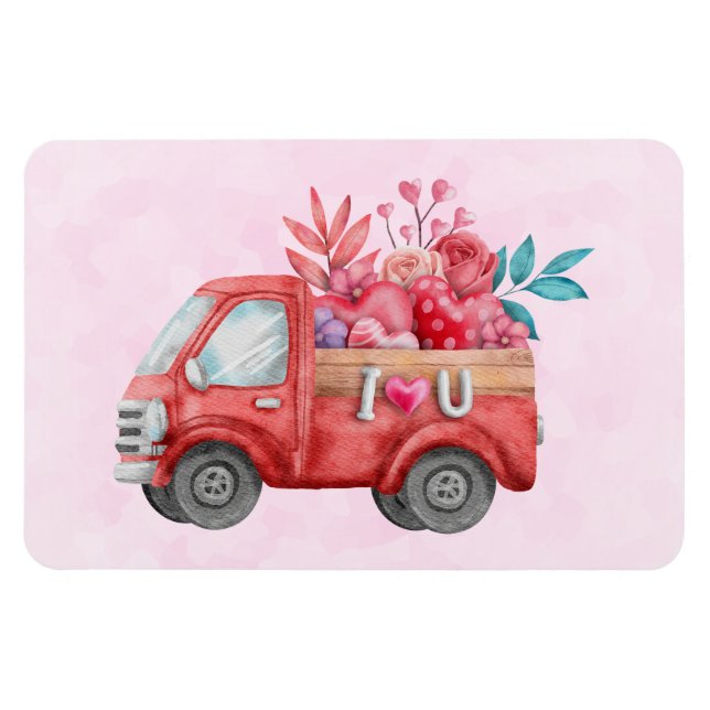 Cute Love Truck Carrying Hearts & Flowers Magnet (Horizontal)