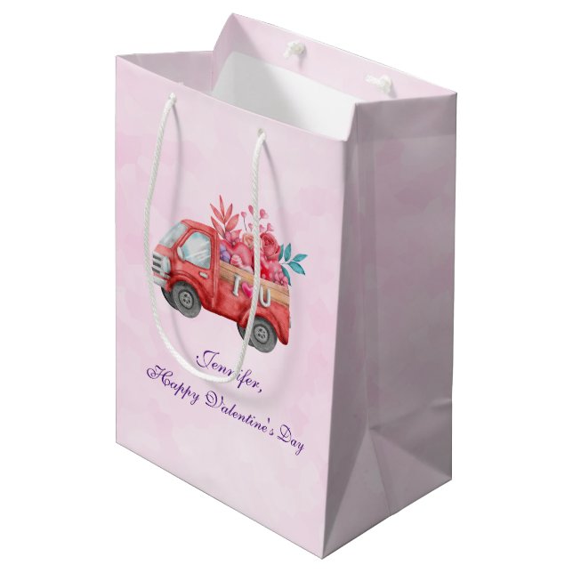Cute Love Truck Carrying Hearts & Flowers Medium Gift Bag (Front Angled)