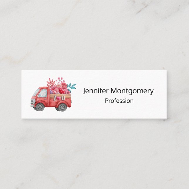 Cute Love Truck Carrying Hearts & Flowers Mini Business Card (Front)