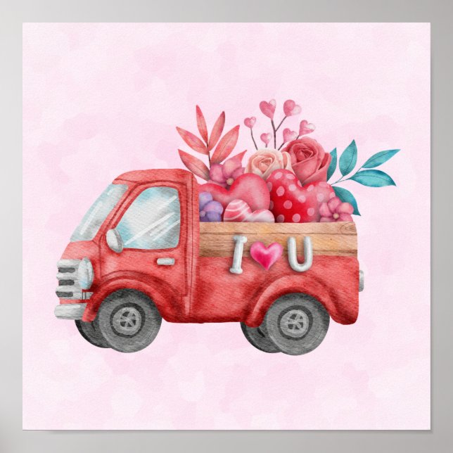 Cute Love Truck Carrying Hearts & Flowers Poster (Front)