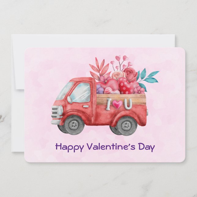 Cute Love Truck Carrying Valentine Goodies Holiday Card (Front)
