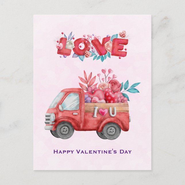 Cute Love Truck Carrying Valentine Goodies Holiday Postcard (Front)