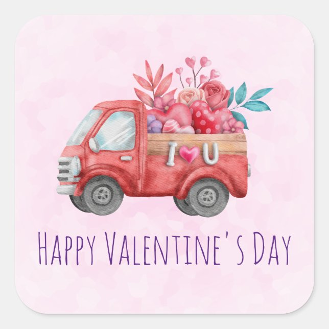 Cute Love Truck Carrying Valentine Goodies Square Sticker (Front)