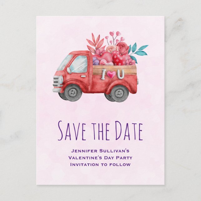 Cute Love Truck with Heart Cargo Save the Date Invitation Postcard (Front)