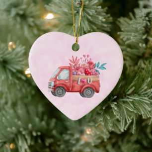 Cute Love Truck with Heart Cargo Watercolor Ceramic Tree Decoration