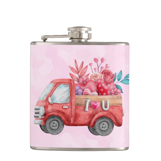 Cute Love Truck with Heart Cargo Watercolor Hip Flask (Front)