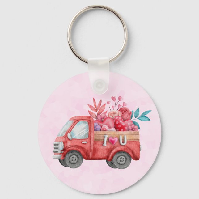 Cute Love Truck with Heart Cargo Watercolor Key Ring (Front)