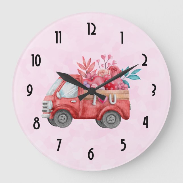 Cute Love Truck with Heart Cargo Watercolor Large Clock (Front)