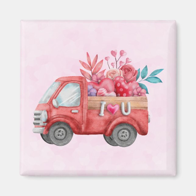 Cute Love Truck with Heart Cargo Watercolor Magnet (Front)