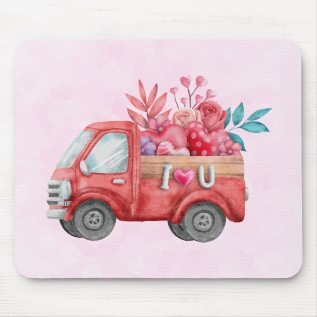 Cute Love Truck with Heart Cargo Watercolor Mouse Mat (Front)