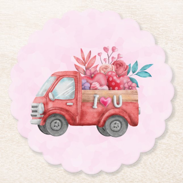 Cute Love Truck with Heart Cargo Watercolor Paper Coaster (Front)