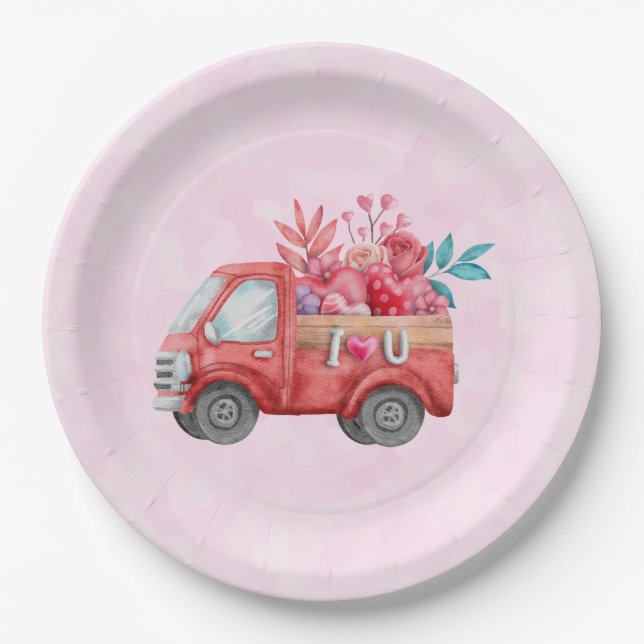  Cute Love Truck with Heart Cargo Watercolor Paper Plate (Front)