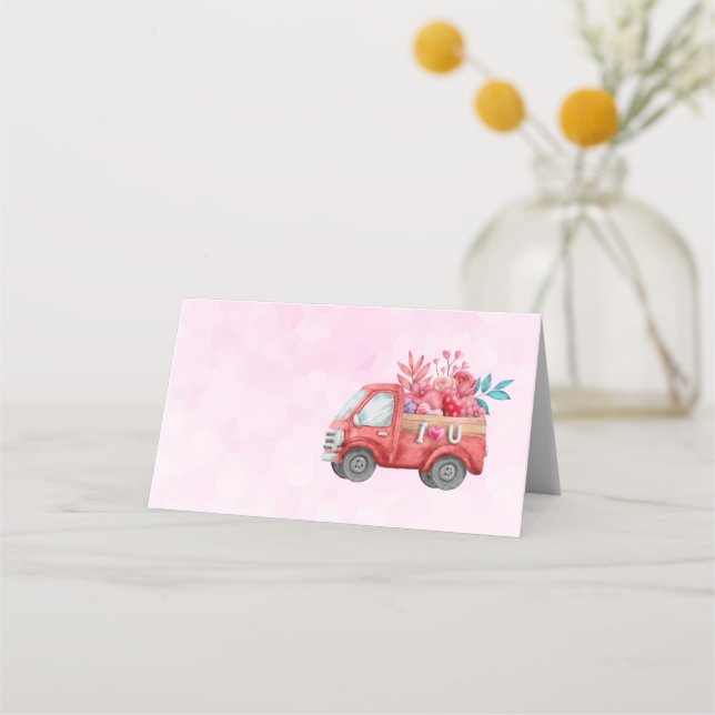 Cute Love Truck with Heart Cargo Watercolor Place Card (Front)
