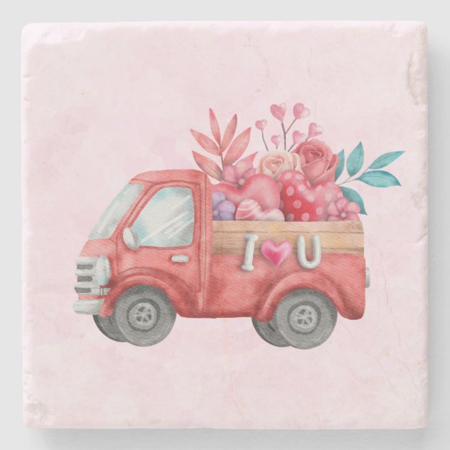 Cute Love Truck with Heart Cargo Watercolor Stone Coaster (Front)