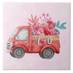 Cute Love Truck with Heart Cargo Watercolor Tile