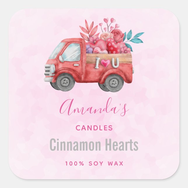 Cute Love Truck with Hearts & Flowers Candle Biz Square Sticker (Front)
