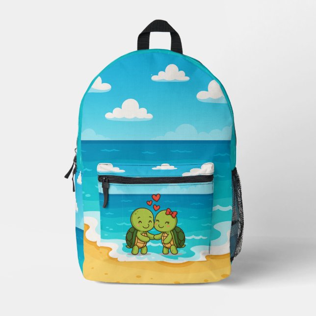 Cute Love Turtles | Adorable Cartoon Couple  Printed Backpack (Front)