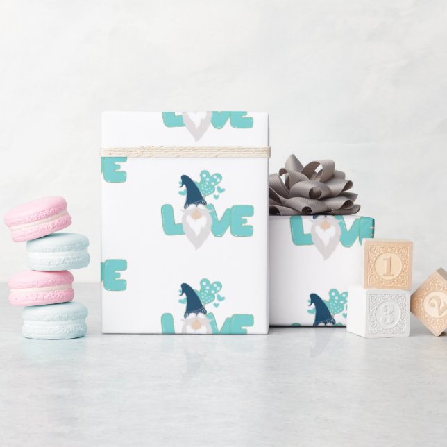 Cute love Valentines Day Gnome Teal Blue White Wrapping Paper (Baby Shower)