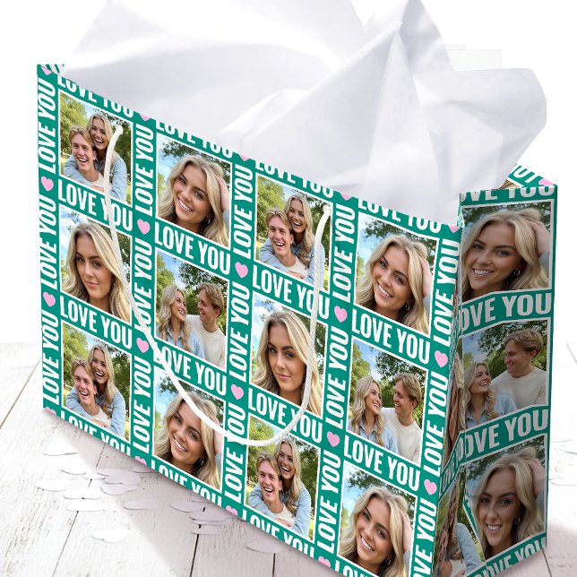 Cute Love You 4 Photo Collage Green Pink Heart Large Gift Bag (Creator Uploaded)
