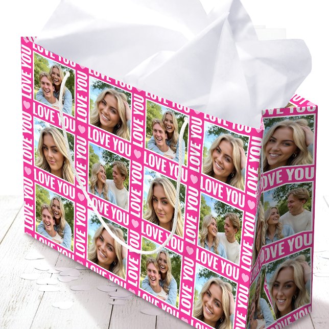 Cute Love You 4 Photo Collage Pink Heart Modern Large Gift Bag (Creator Uploaded)