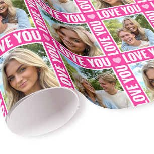 Cute Love You 4 Photo Collage Pink Heart Modern Wrapping Paper