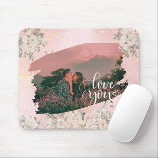 Cute Love You Custom Photo For Couple Pink Floral Mouse Mat
