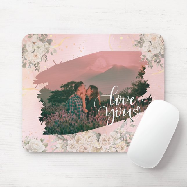 Cute Love You Custom Photo For Couple Pink Floral Mouse Mat (With Mouse)