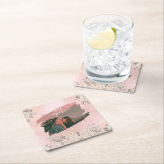 Cute Love You Custom Photo For Couple Pink Floral Square Paper Coaster