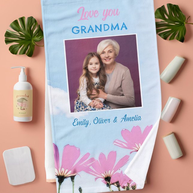 Cute Love you Grandma Pink Flowers Photo Hand Towel (Creator Uploaded)