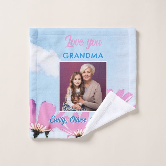 Cute Love you Grandma Pink Flowers Photo  Wash Cloth (Wash Cloth)