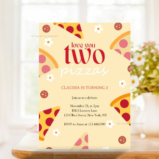 Cute Love You Two Pizzas Second Birthday Party  Invitation