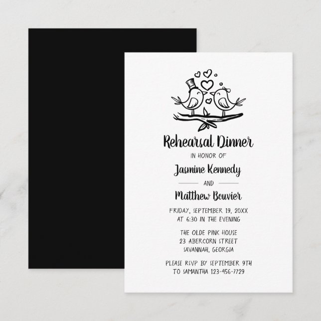 Cute Lovebird Black White Wedding Rehearsal Dinner Invitation (Front/Back)