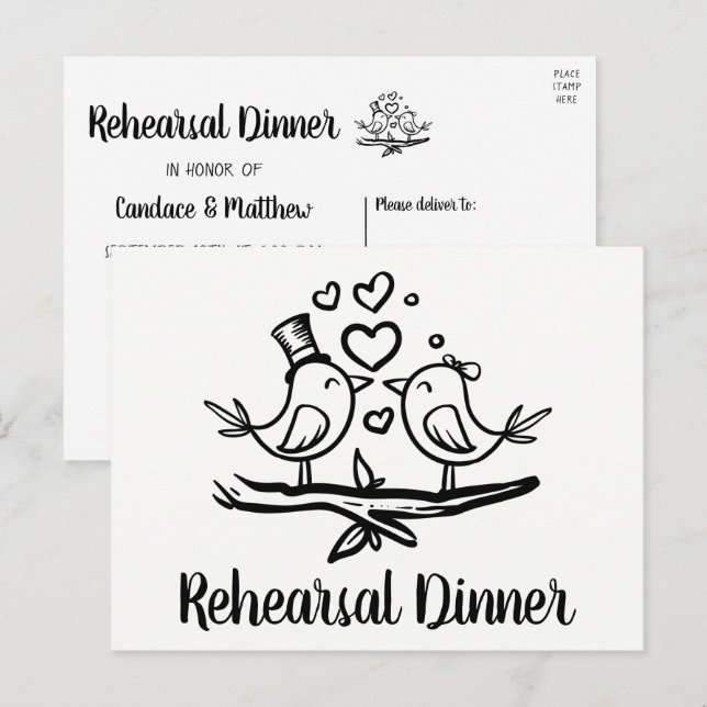 Cute Lovebird Black White Wedding Rehearsal Dinner Invitation Postcard (Front/Back)